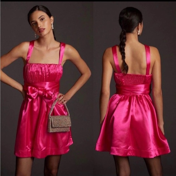Maeve Dresses & Skirts - Anthropologie Maeve Fuchsia Bow-Tie Satin Pleated Smocked Back Mini Dress size 4